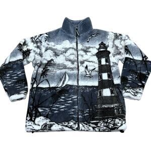Black Mountain Mens Fleece Jacket Small Lighthouse Beach Print Zip Up Oversized